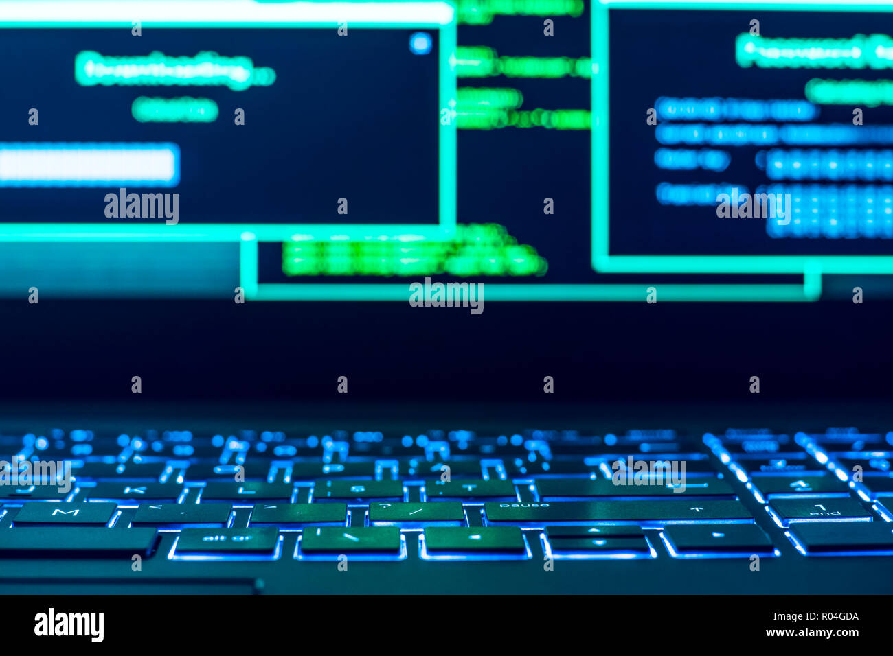 Closeup of laptop keyboard illumination, backlit keyboard Stock Photo