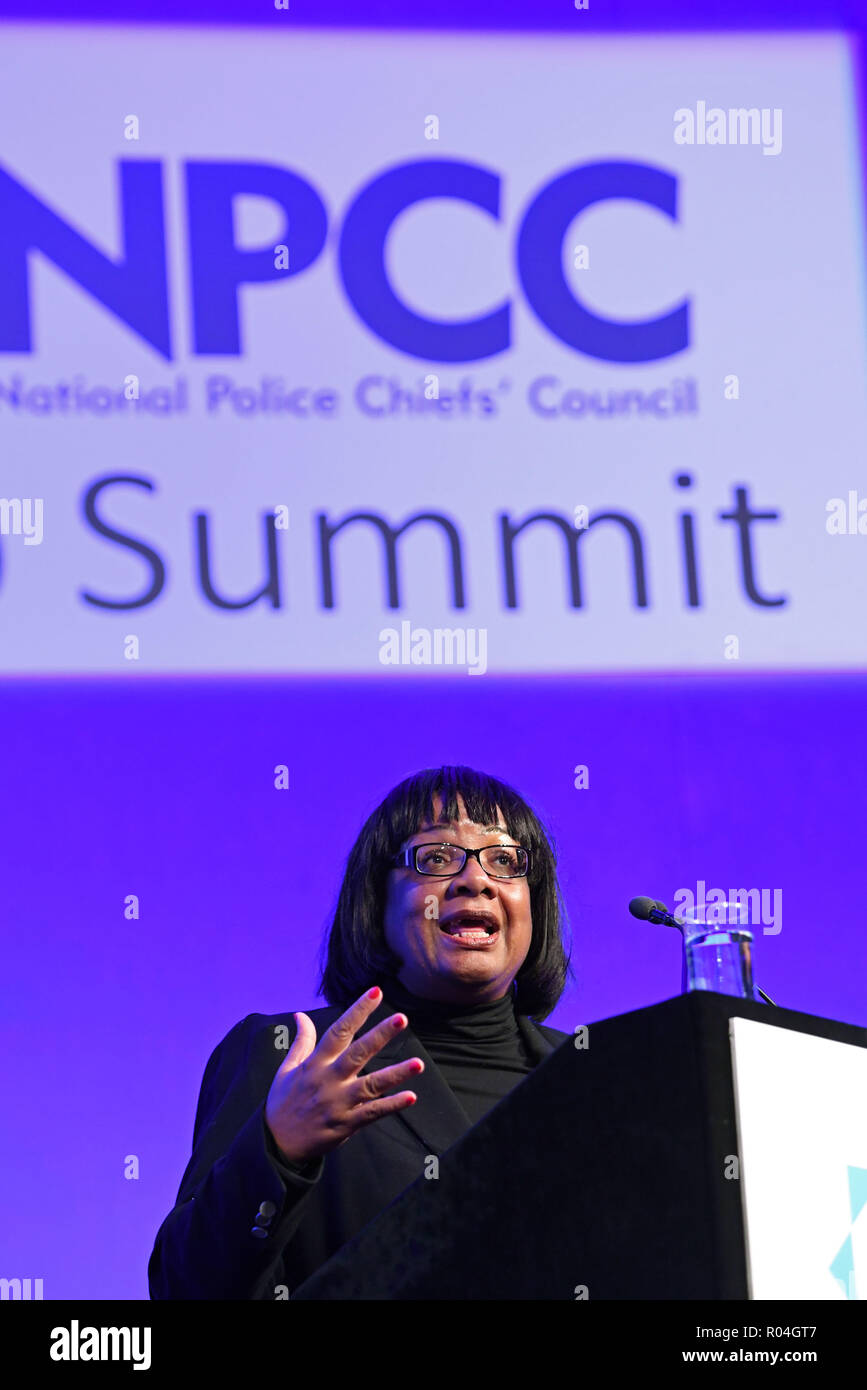 Diane Abbott speaks during the National Police Chiefs' Council and Association of Police and Crime Commissioners joint summit, at the Queen Elizabeth II Conference Centre, London. Stock Photo