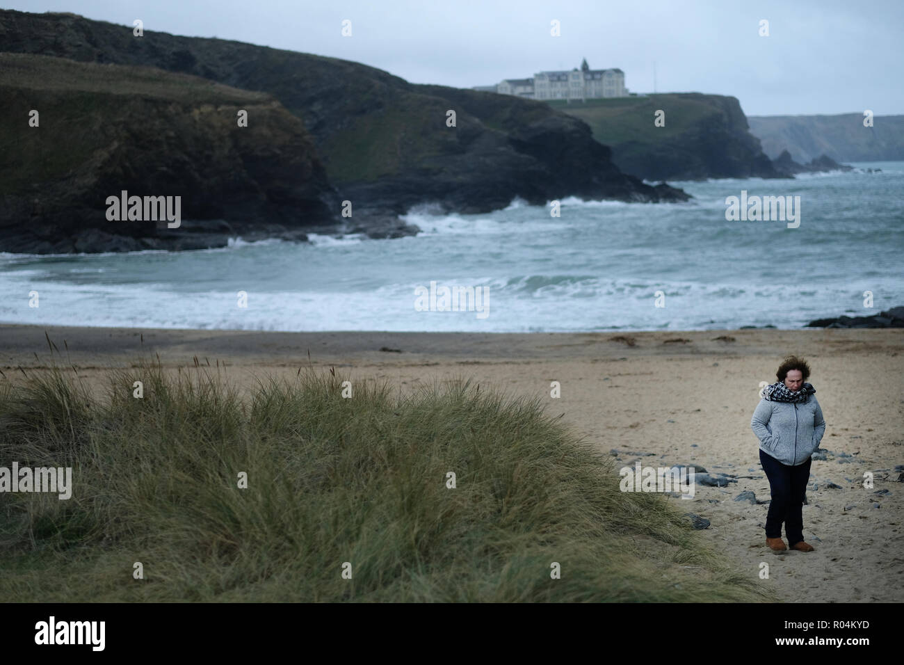 Tourist at Gunwalloe Cornwall where Poldark was filmed. Stock Photo