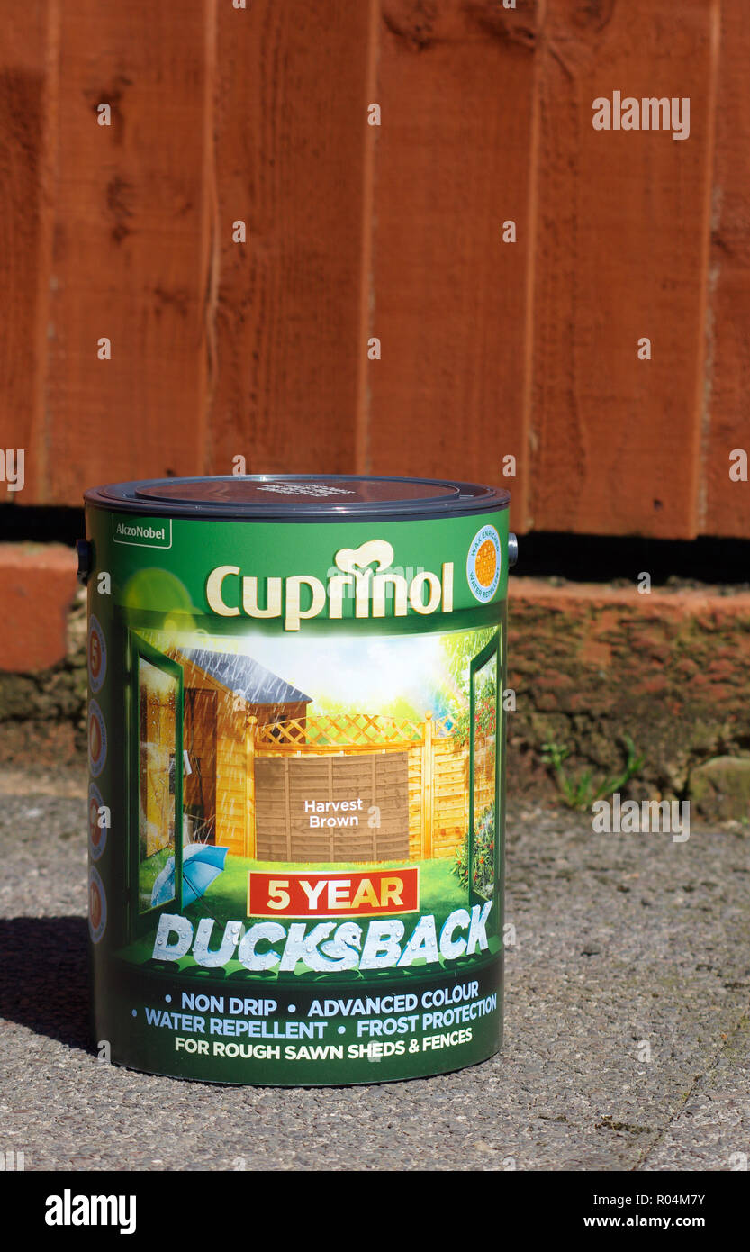 Tin of Cuprinol Ducksback Wood Preservative, UK Stock Photo