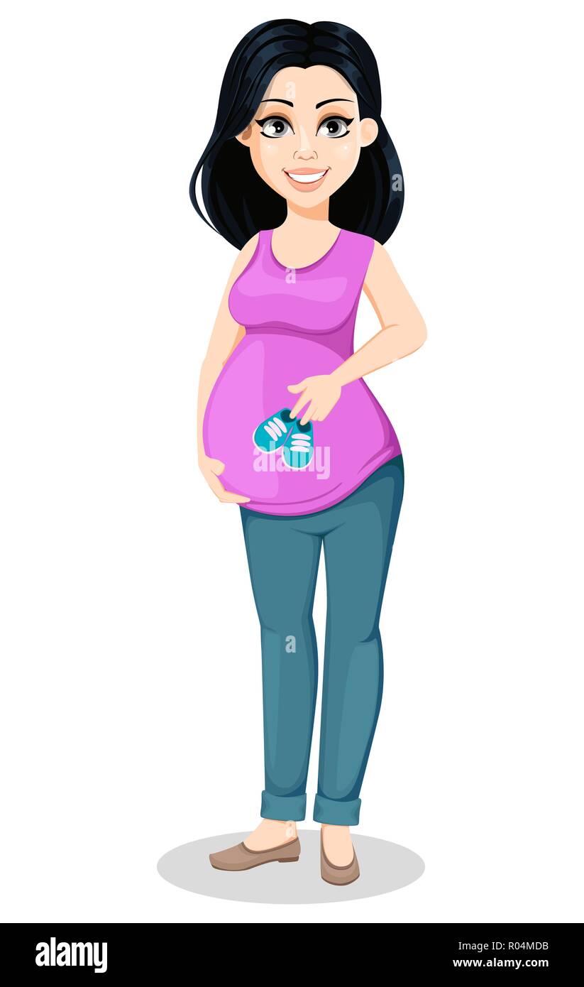 Pregnant woman. Beautiful lady prepares to be a mother. Cute cartoon ...