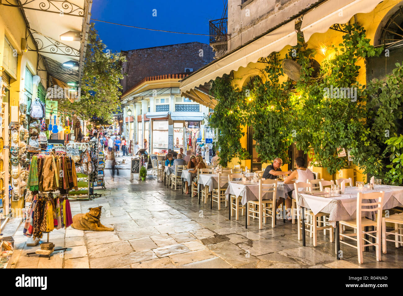Restaurants at night, Plaka District, Athens, Attica Region, Greece, Europe Stock Photo