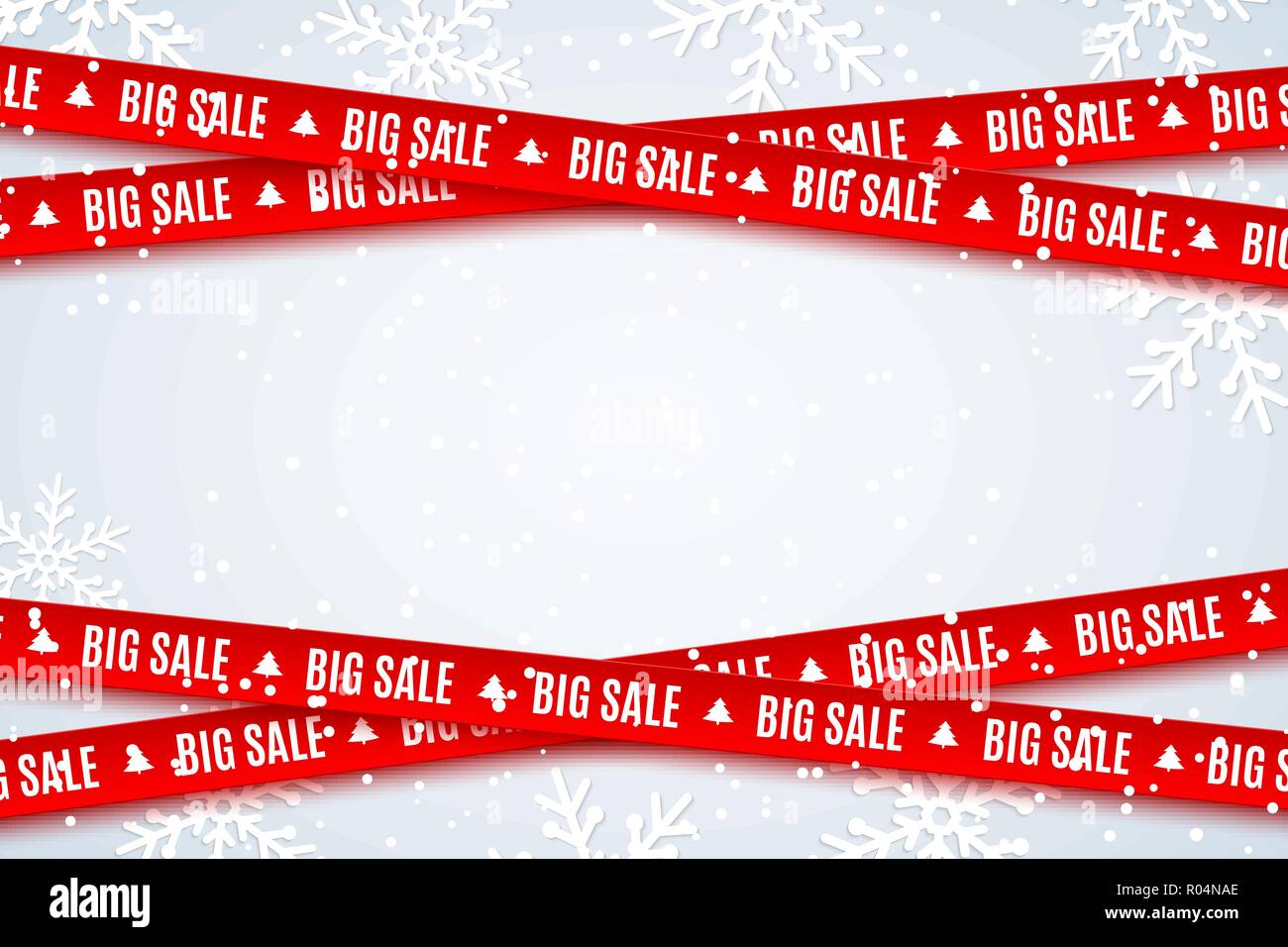 Red ribbons for Christmas sale on light blue background. Fallin snowflakes. Big sale. Graphic elements. Vector illustration. EPS 10 Stock Vector