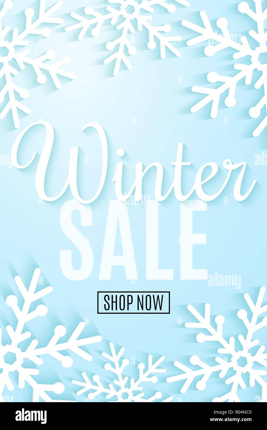 Winter sale flyer. Paper cut white snowflakes. Big discounts. Special offer. Seasonal web banner. Vector illustration. EPS 10 Stock Vector