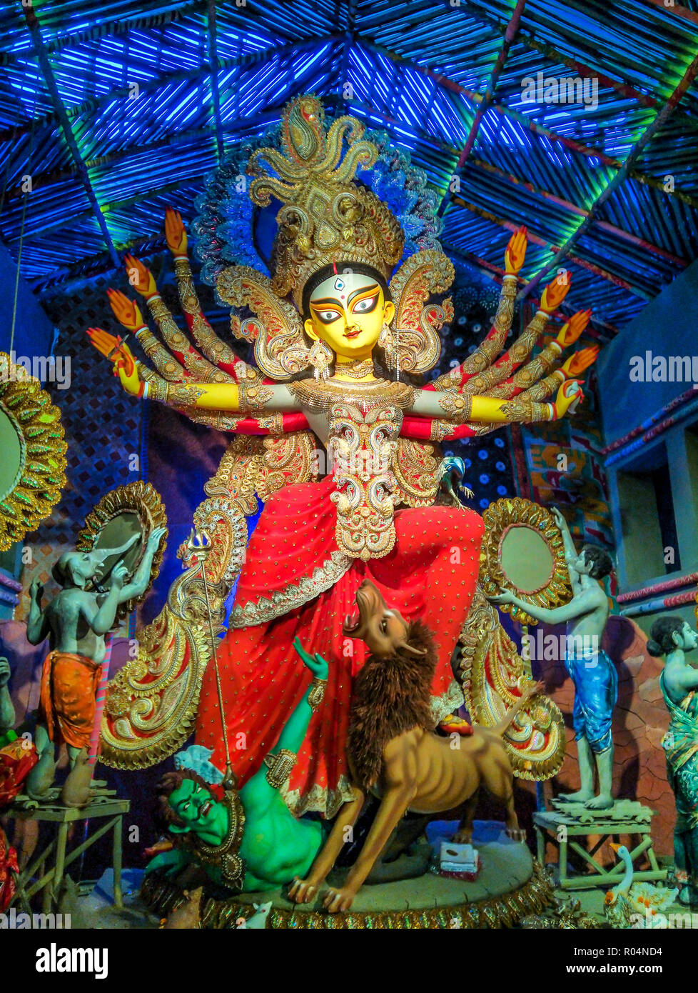 Sculpture of Hindu Goddess Durga during Durga Puja festival in October at Kolkata, Calcutta Stock Photo