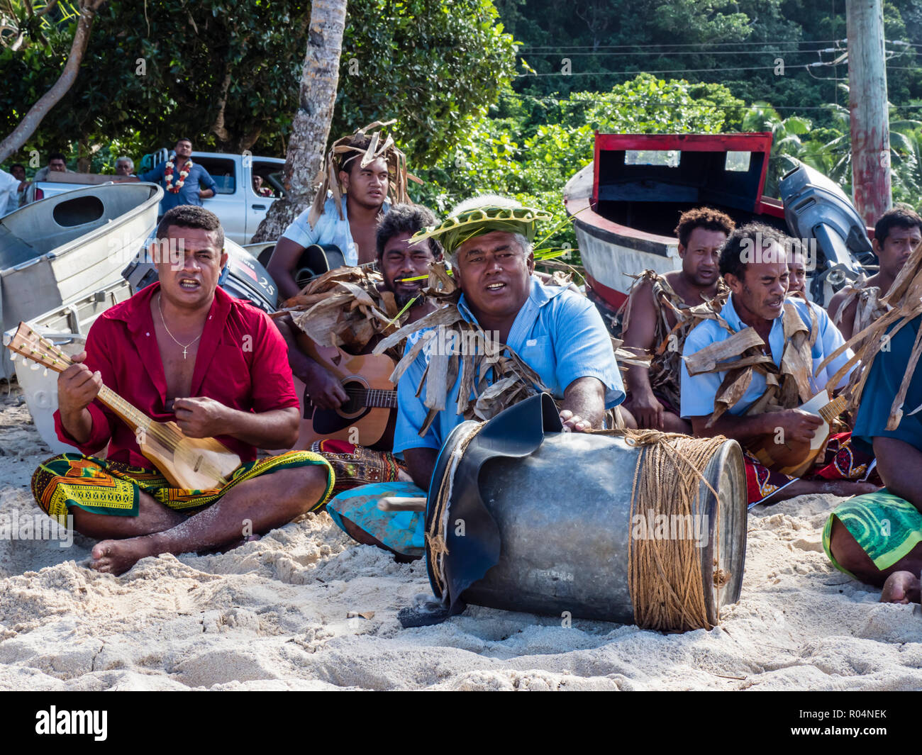 Local musicians greeting visitors on Vele Beach, Futuna Island, French Territory of Wallis and Futuna Islands, South Pacific Islands, Pacific Stock Photo