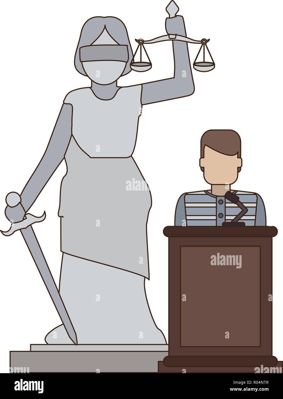 Prisoner on podium and lady justice statue vector illustration graphic