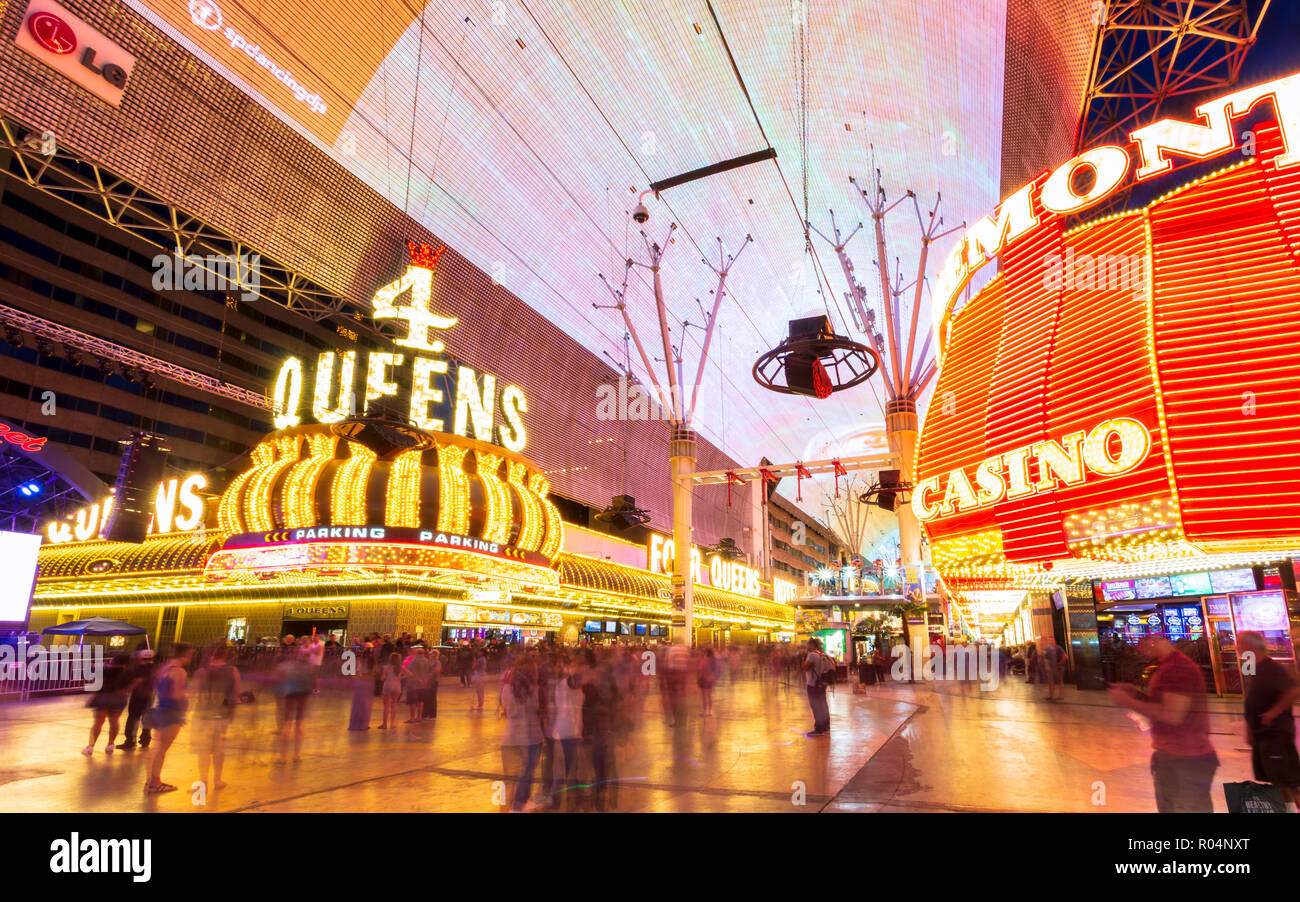 Neon lights on the Fremont Street Experience at dusk, Downtown, Las