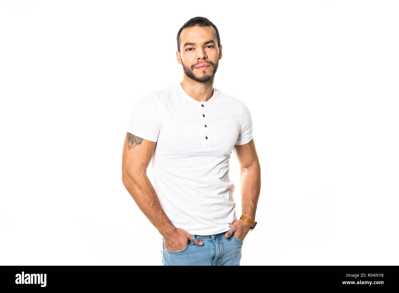 portrait of handsome mexican young man, isolated on white background. Stock Photo