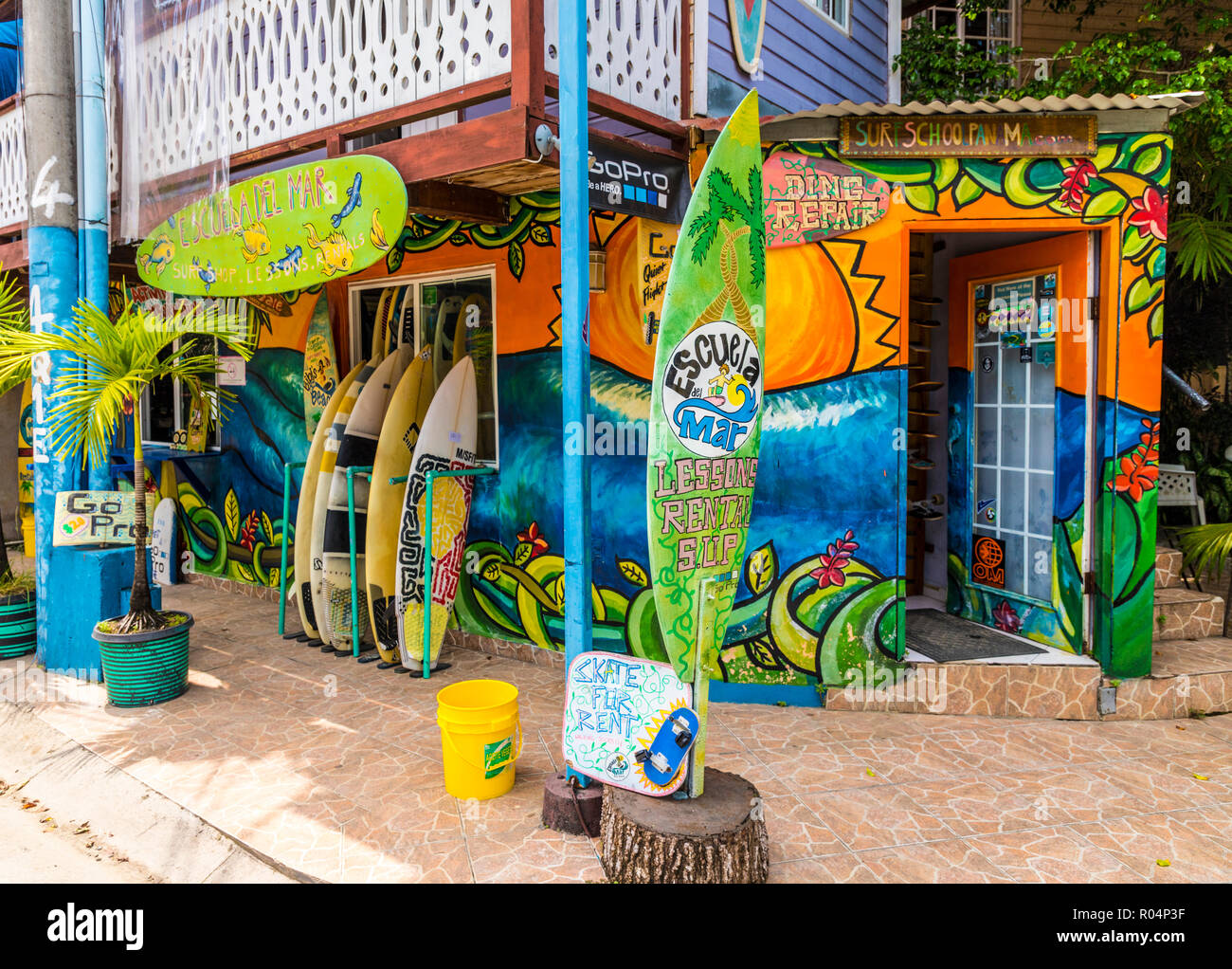 A colourful local surf school and rental shop in Bocas Town, Colon Island, Bocas del Toro Islands, Panama, Central America Stock Photo