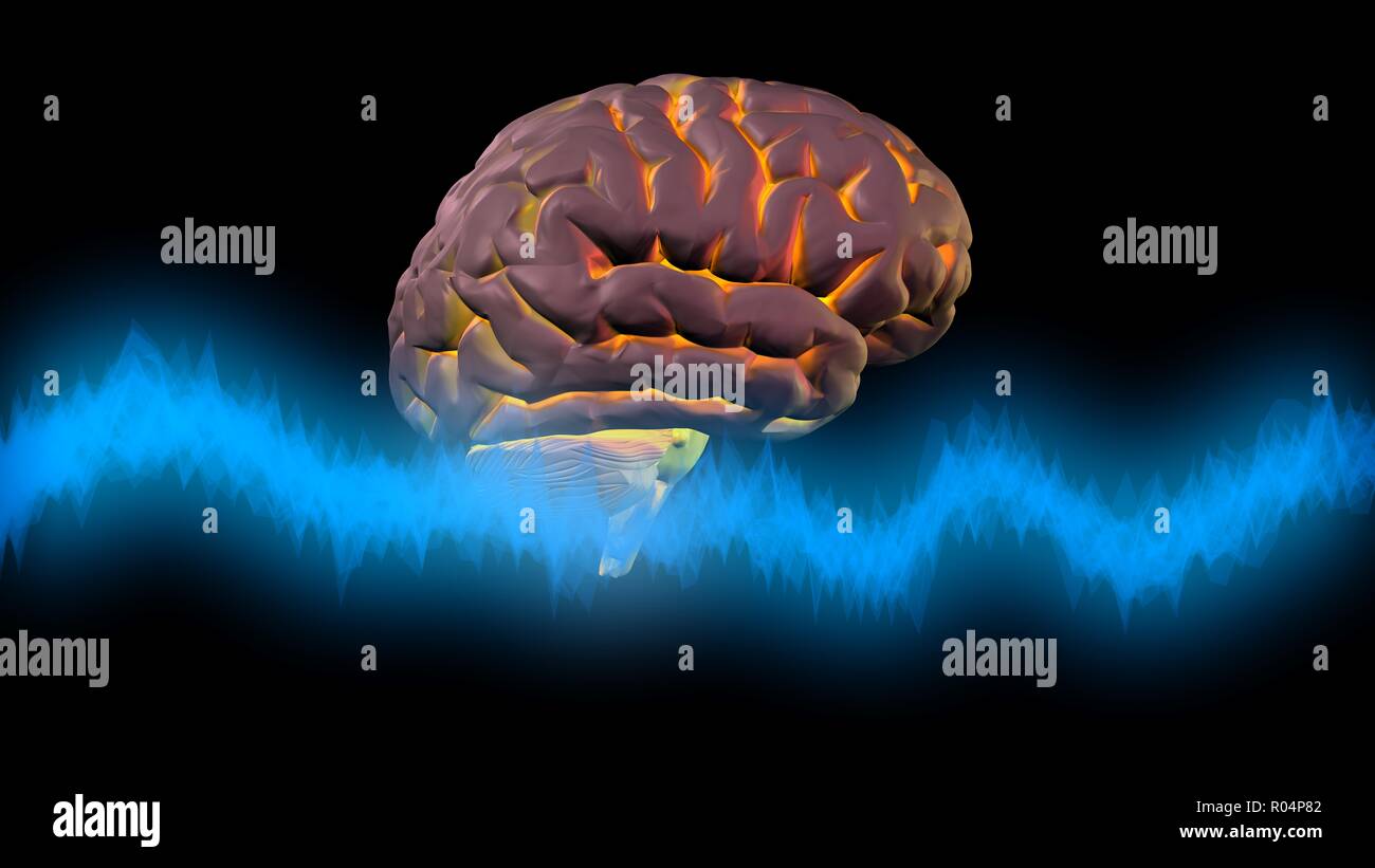 Brainwaves in front of glowing brain. 3d render Stock Photo