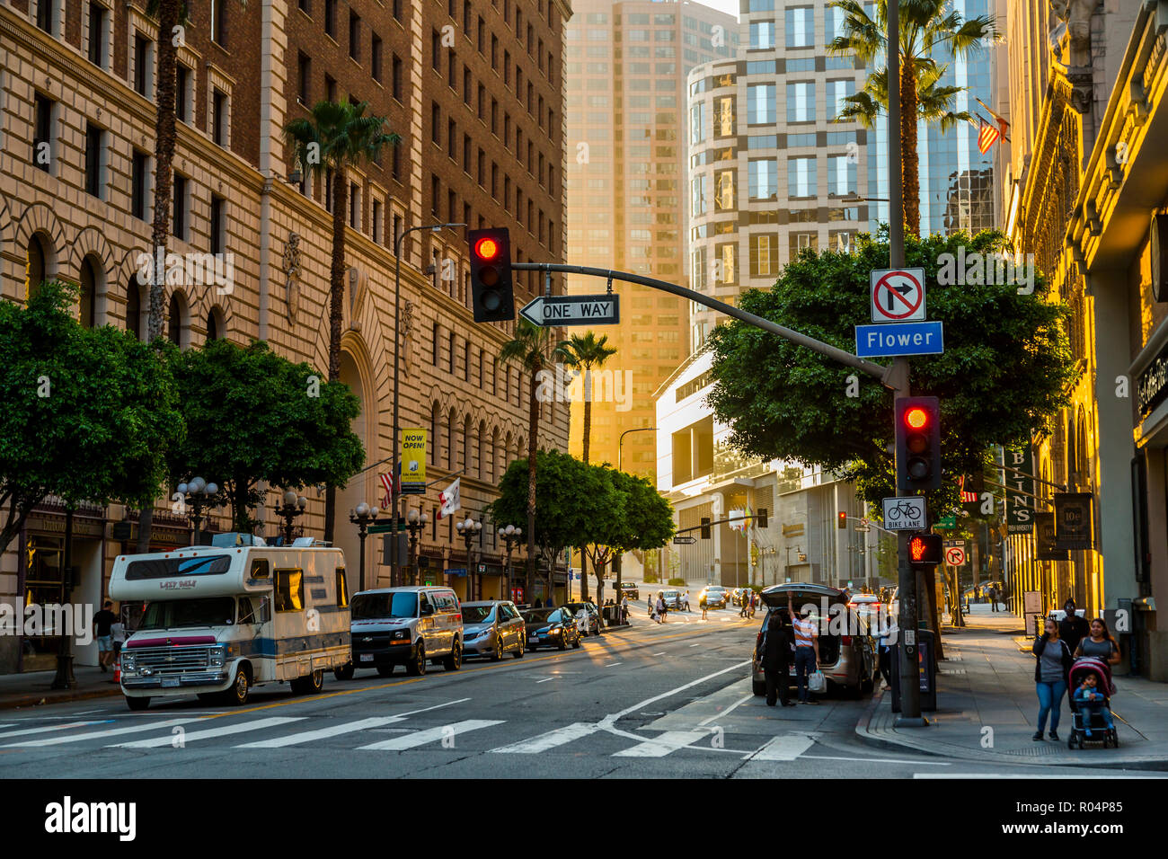 Street scene in Downtown Los Angeles during golden hour, Los Angeles, California, United States of America, North America Stock Photo