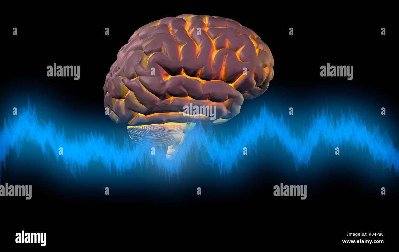 Brainwaves in front of glowing brain. 3d render Stock Photo