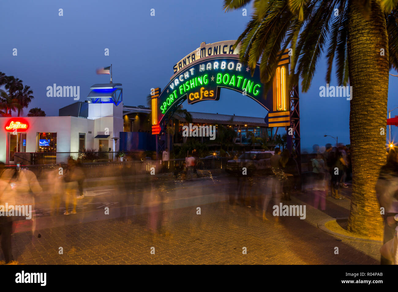 Entrance to Santa Monica Pier at dusk, Santa Monica, Los Angeles