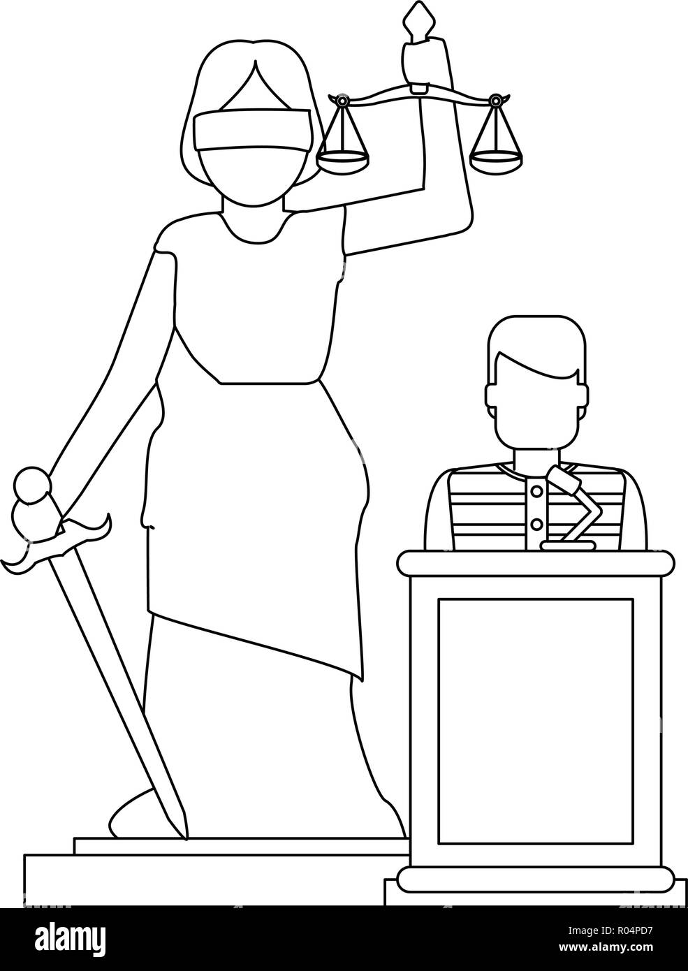 Prisoner on podium and lady justice statue vector illustration graphic