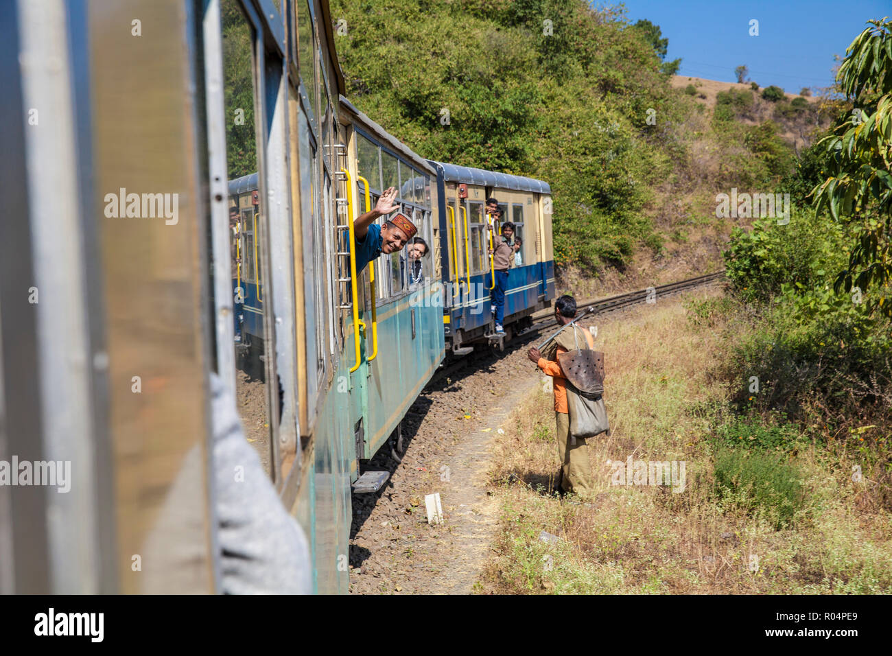 The Himalayan Queen toy train on the Kalka to Shimla Railway, UNESCO World Heritage Site, Northwest India, Asia Stock Photo
