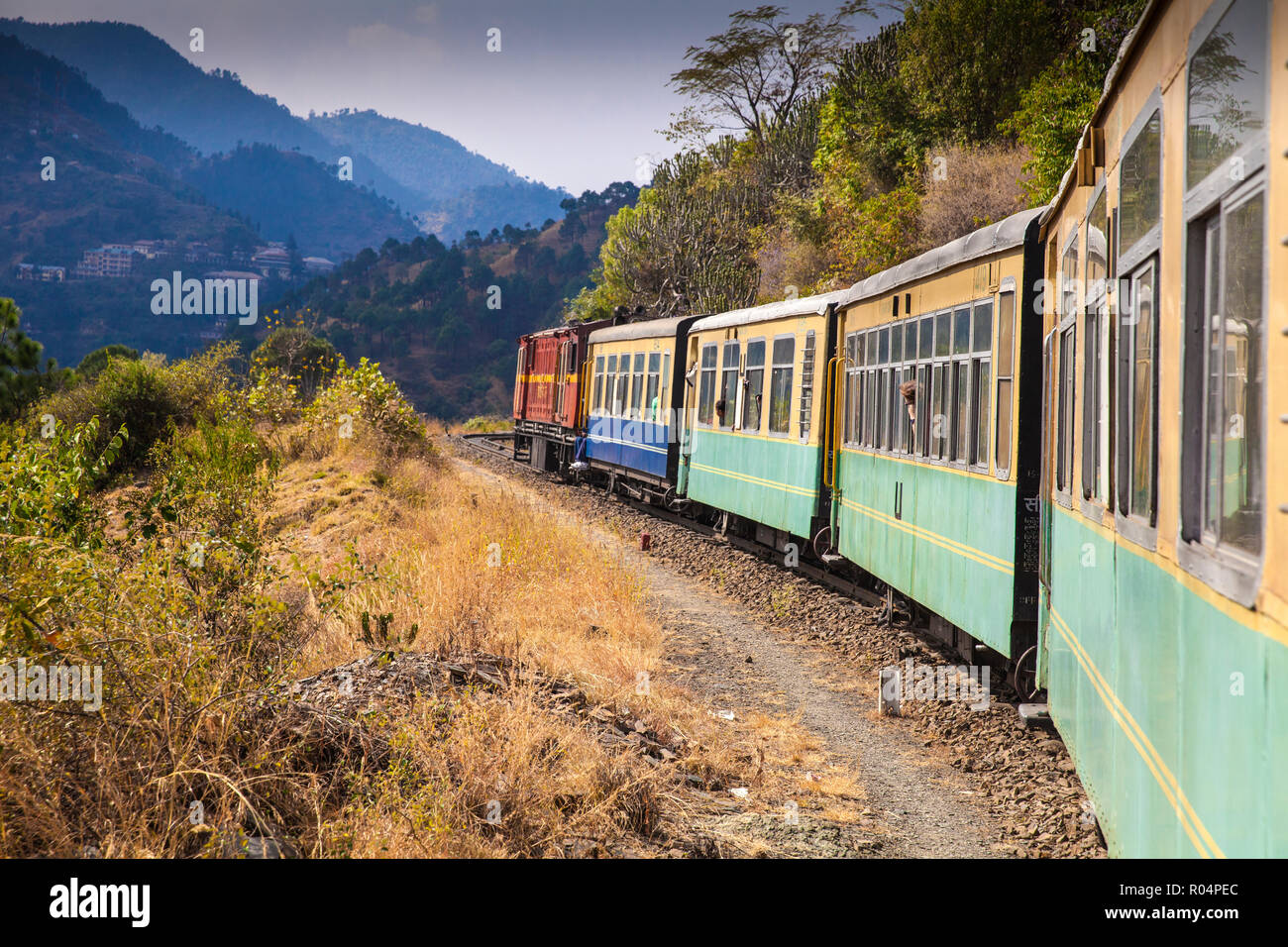 The Himalayan Queen toy train on the Kalka to Shimla Railway, UNESCO World Heritage Site, Northwest India, Asia Stock Photo