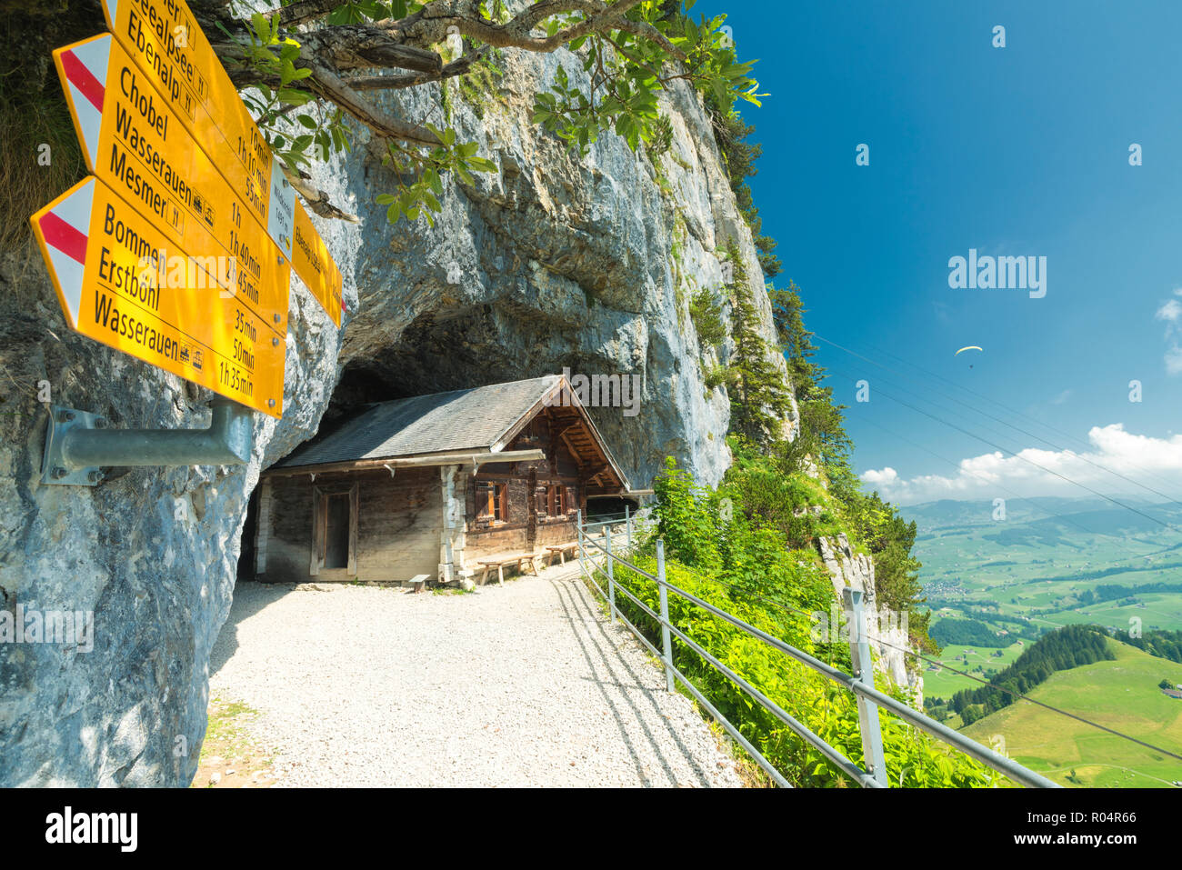 Signpost of hiking trails, Wildkirchli, Ebenalp, Appenzell Innerrhoden, Switzerland, Europe Stock Photo
