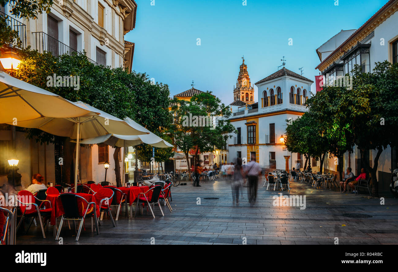 Pedestrian street in the historic centre with the Bell Tower of La Mezquita (Great Mosque) in background, Cordoba, Andalucia, Spain, Europe Stock Photo