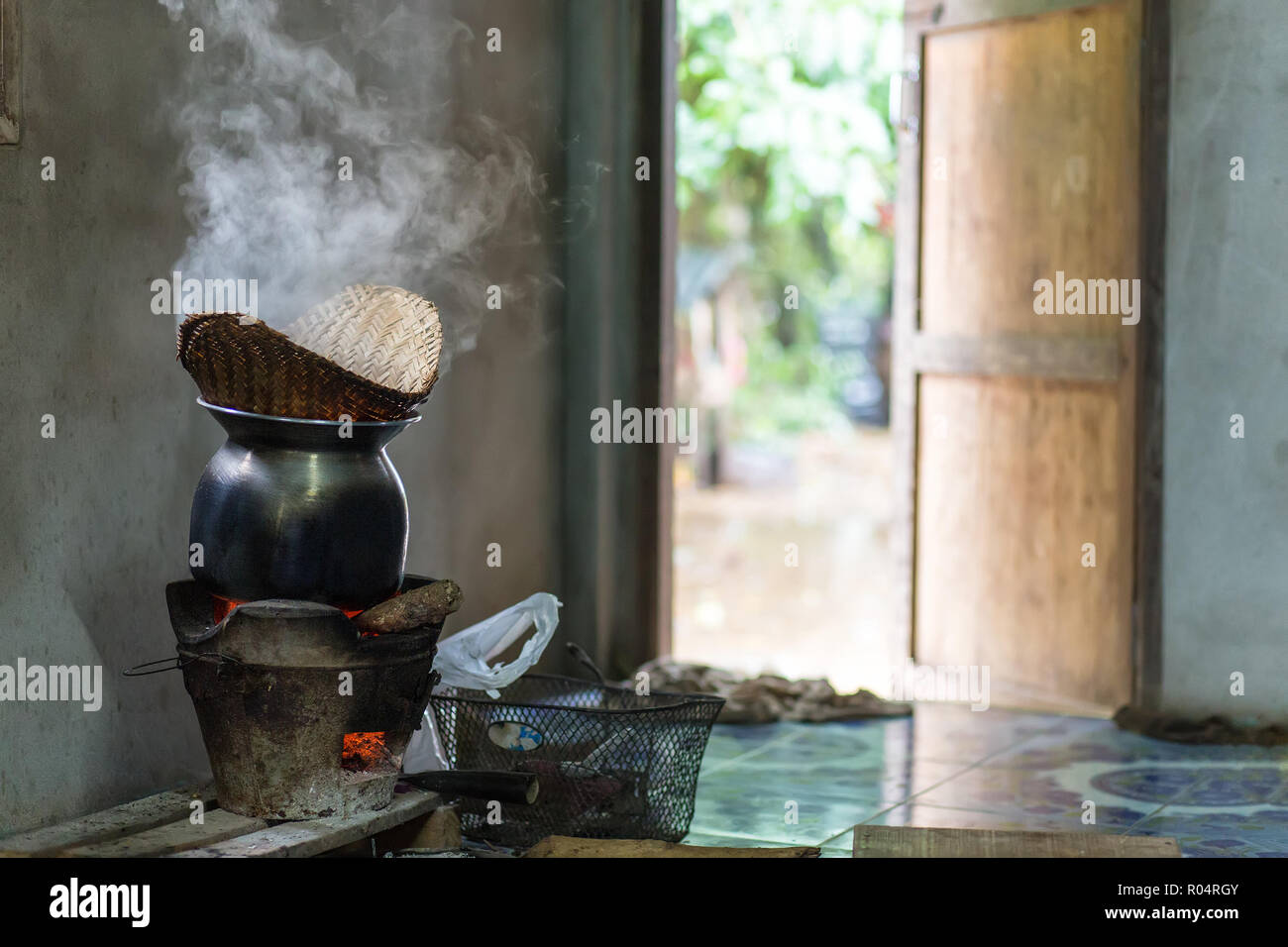 Traditional kitchen in a rice farmer's home in Isaan, Thailand Stock Photo