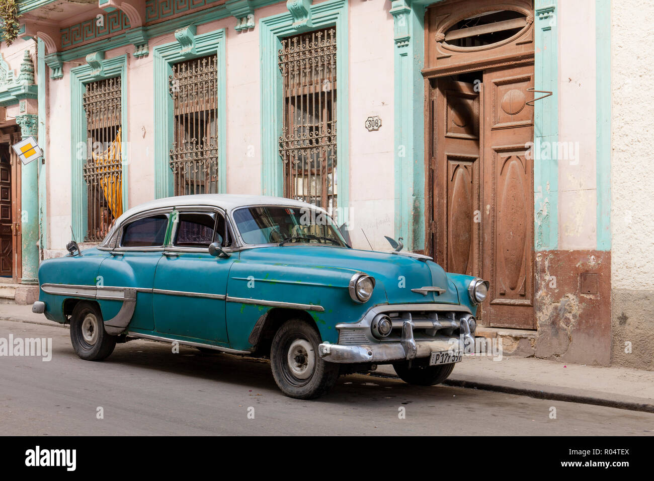 Old vintage American car parked in street, Havana, Cuba, West Indies, Caribbean, Central America Stock Photo