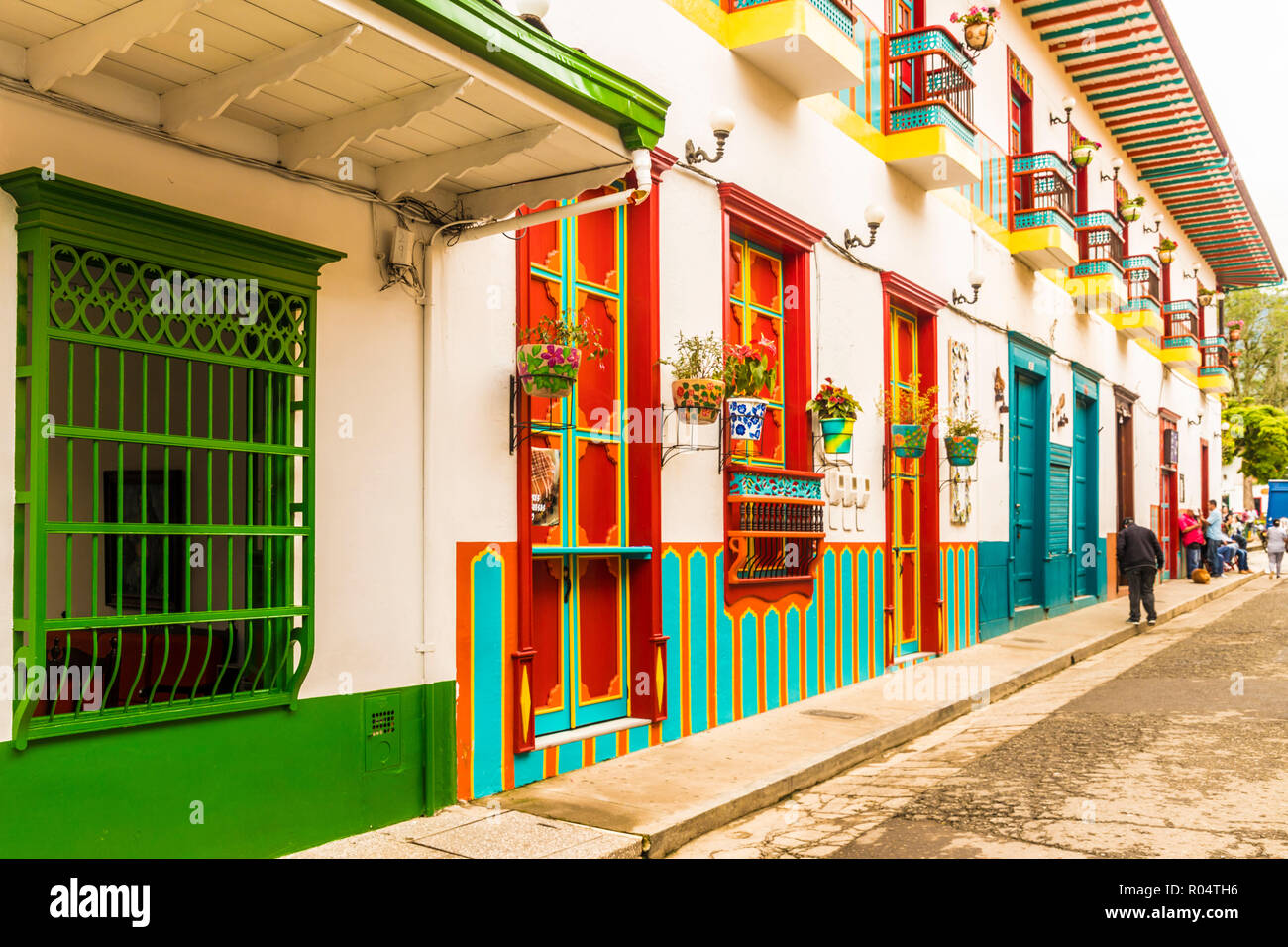 A colourful street scene with its preserved and colonial buildings, Jardin, Colombia, South America Stock Photo