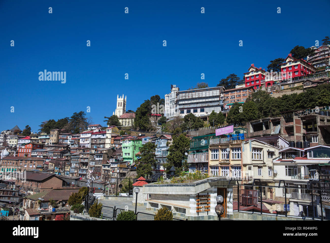 View over city looking towards Christ Church, Shimla (Simla), Himachal Pradesh, India, Asia Stock Photo