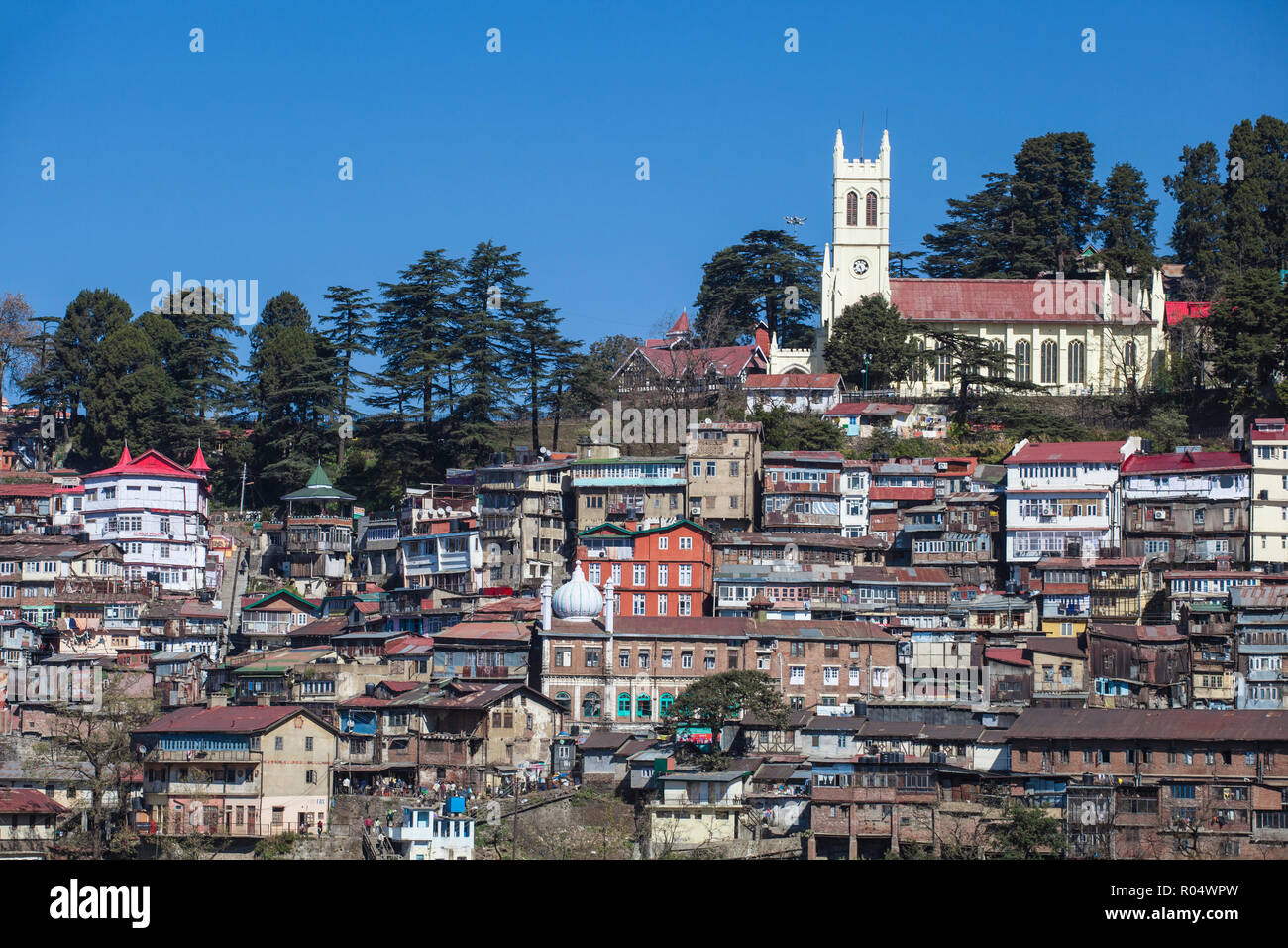 View over city looking towards Christ Church, Shimla (Simla), Himachal Pradesh, India, Asia Stock Photo