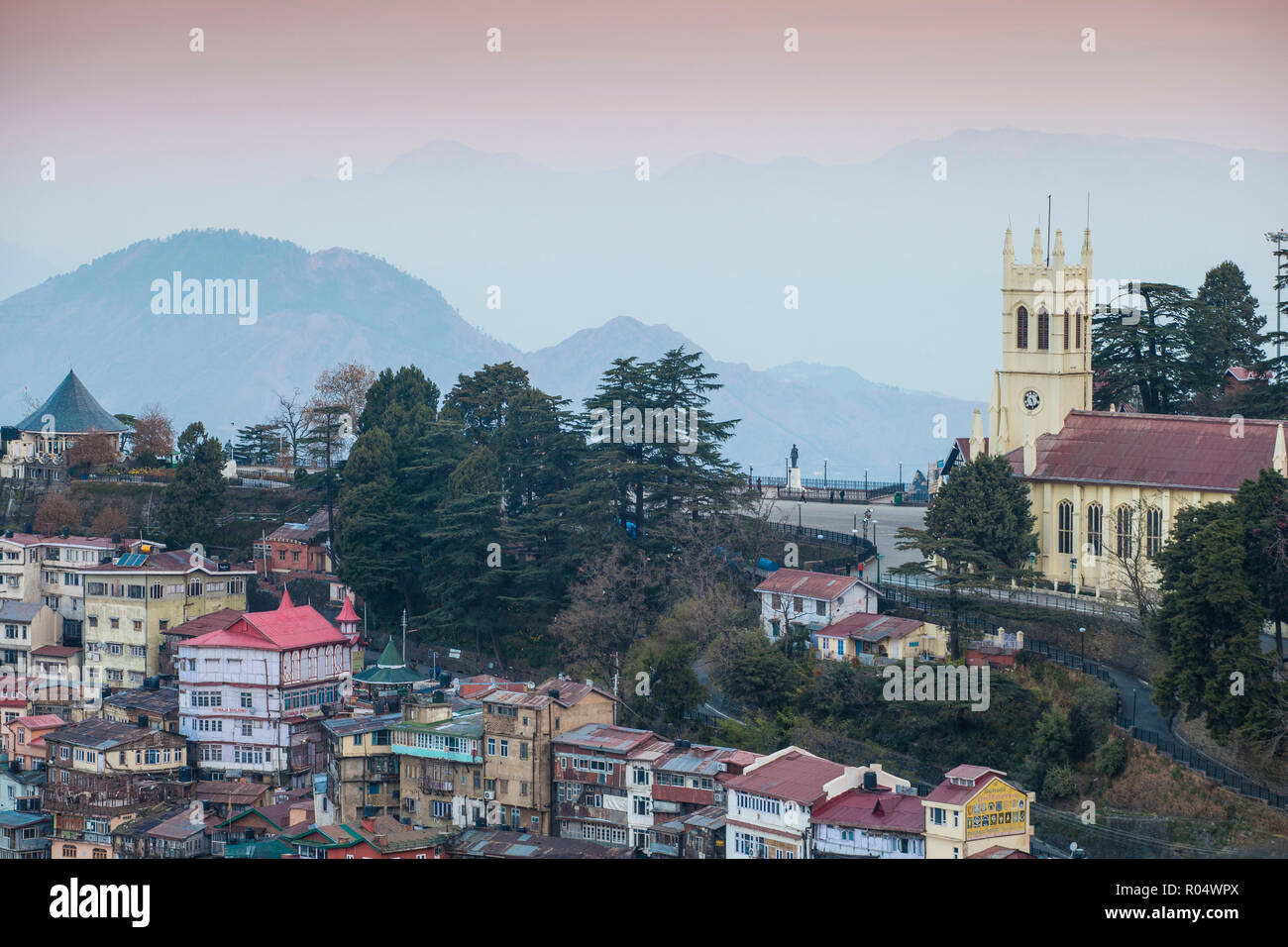 View of city looking towards the Ridge and Christ Church, Shimla (Simla), Himachal Pradesh, India, Asia Stock Photo