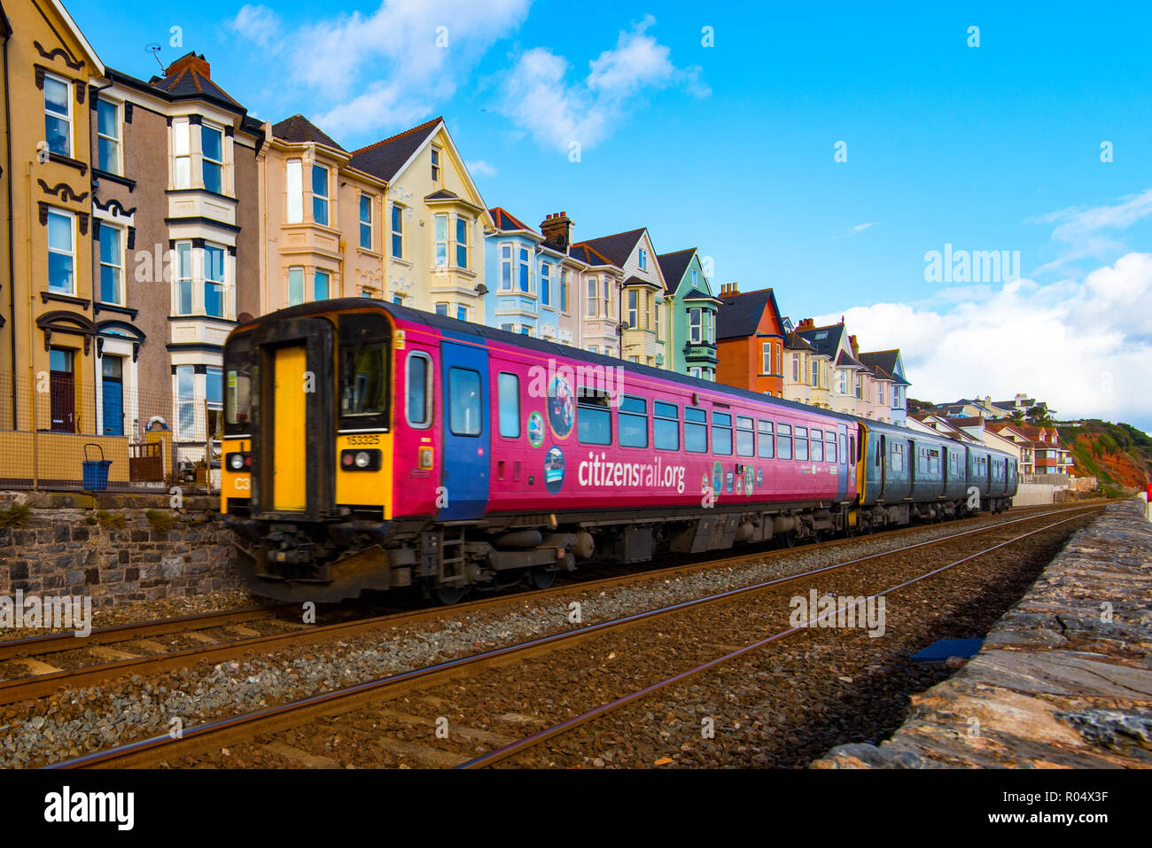 DAWLISH, DEVON, UK - 26OCT2018: GWR Class 153 Super Sprinter and Class 150 Sprinter trains coupled together, north of Dawlish Train Station. Stock Photo