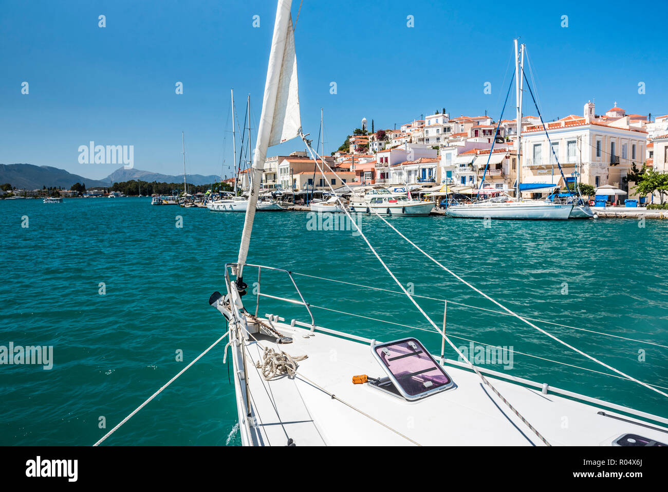 Sailing boats in Poros Island port, Saronic Island, Aegean Coast, Greek