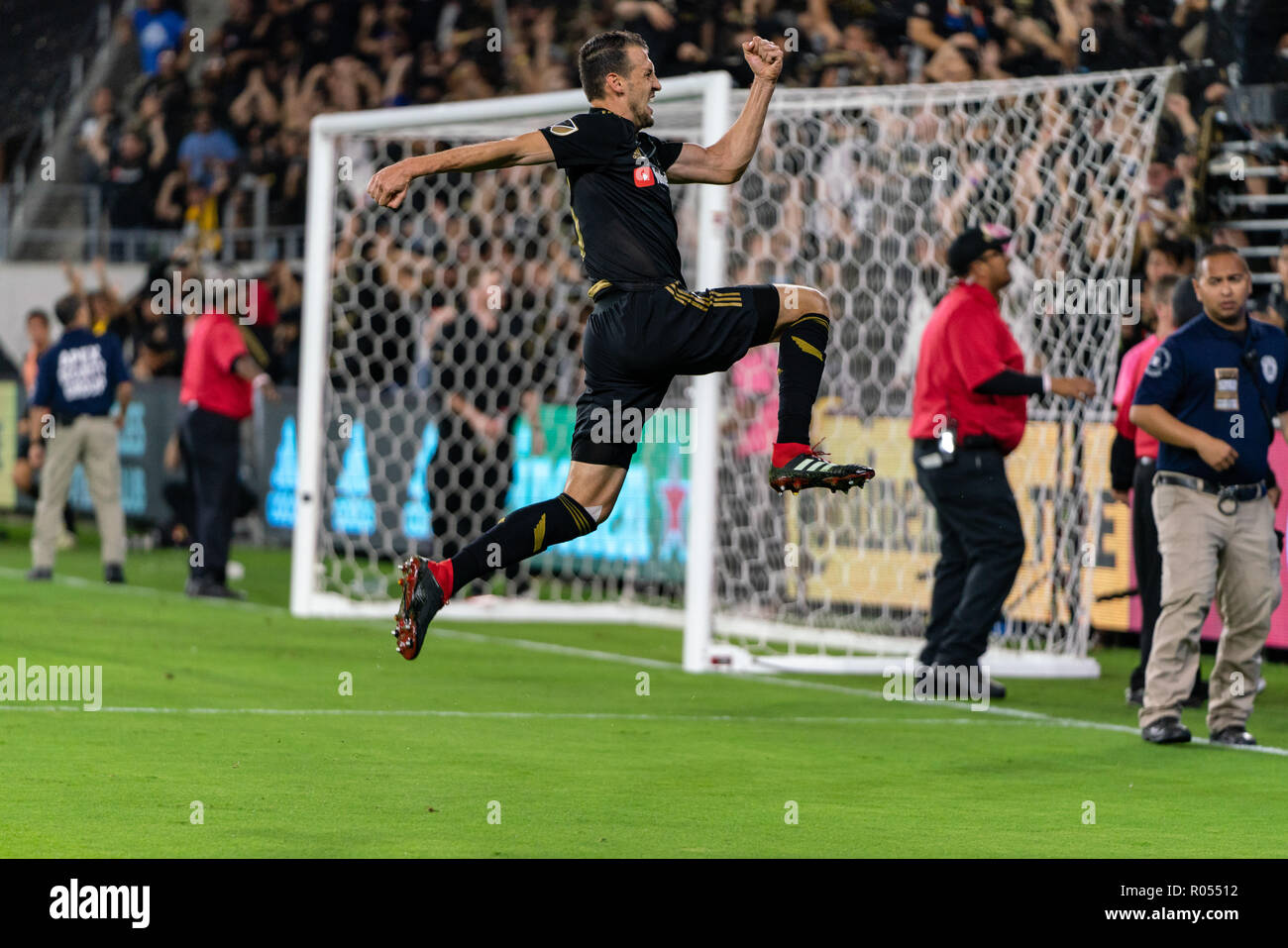 Los Angeles, USA. 1st November 2018. Danilo Silva (6) celebrates in a big way after scoring against Real Salt Lake in their playoff bout. LAFC lost the game 3-2, however. Credit: Ben Nichols/Alamy Live News Stock Photo