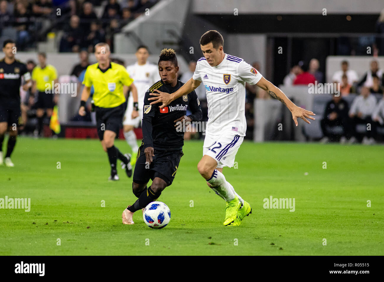 Los Angeles, USA. 1st November 2018. Aaron Herrera (22) holds off Latif Blessing (7) in RSL's win over LAFC in the MLS playoffs. Credit: Ben Nichols/Alamy Live News Stock Photo