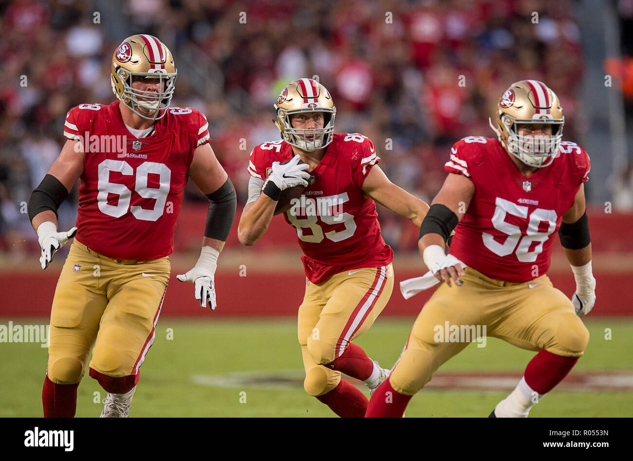 San Francisco 49ers tight end George Kittle (85) reacts after an NFL  football game against the Denver Broncos, Saturday, Aug 19, 2023, in Santa  Clara, Calif. (AP Photo/Scot Tucker Stock Photo - Alamy