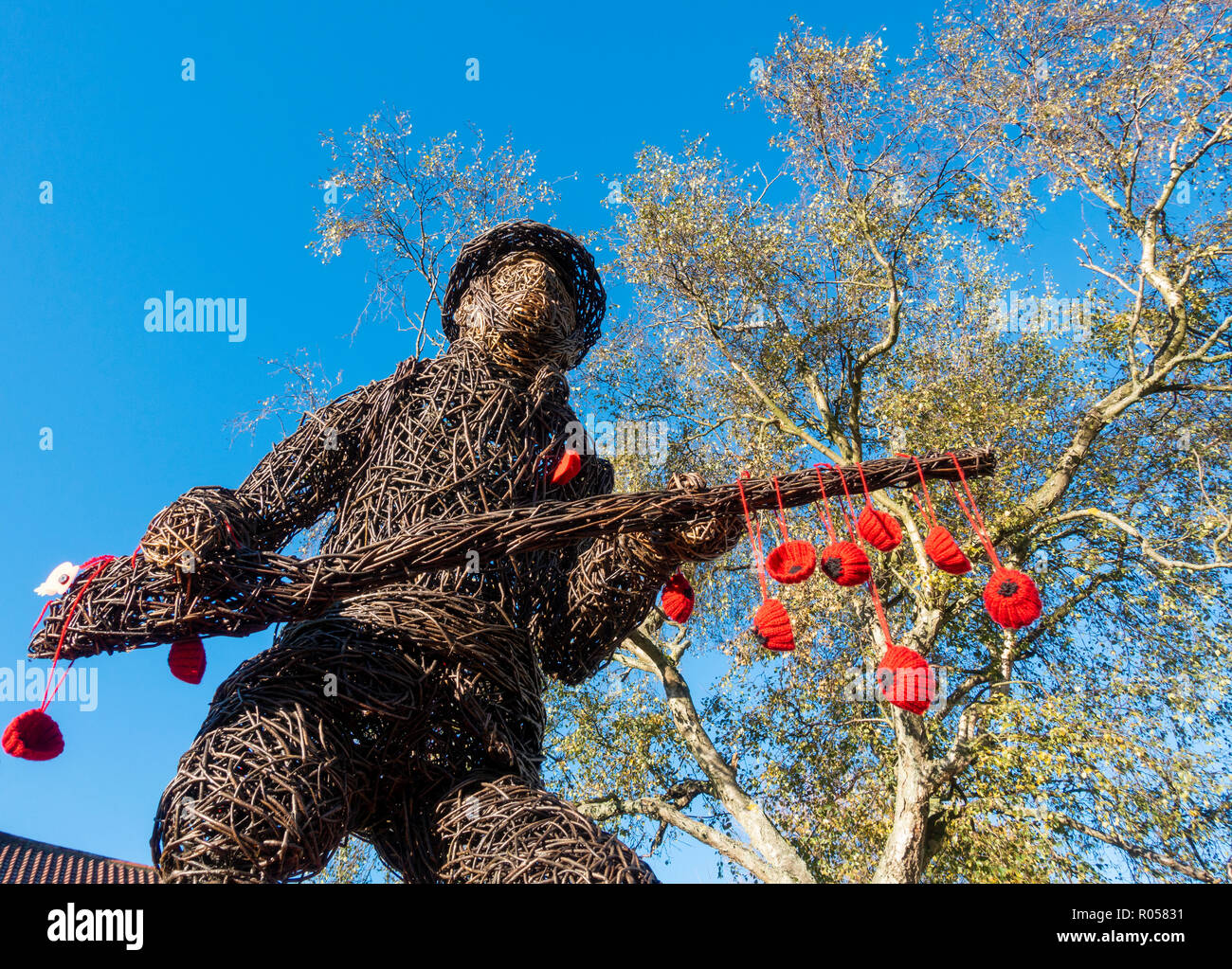 Great Ayton village,, North Yorkshire, England, United Kingdom. 2nd November 2018. Knitted poppies around Willow sculpture of First World War soldier. Stock Photo