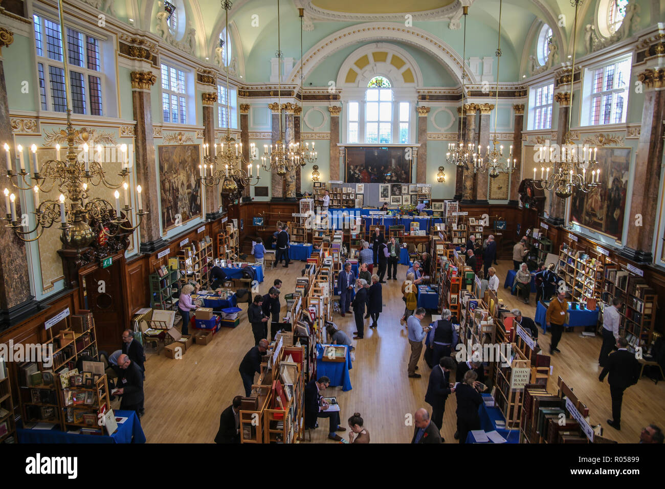 London UK 02 November 2018 The ABA (Antiquarian Book Association) Chelsea Rare Book Fair at the  Chelsea Old Town Hall for the 28th edition With more than 80 exhibitors specializing in all type of books, manuscripts, maps, prints, and ephemera, with some fantastic offers @Paul Quezada-Neiman/Alamy Live News Stock Photo
