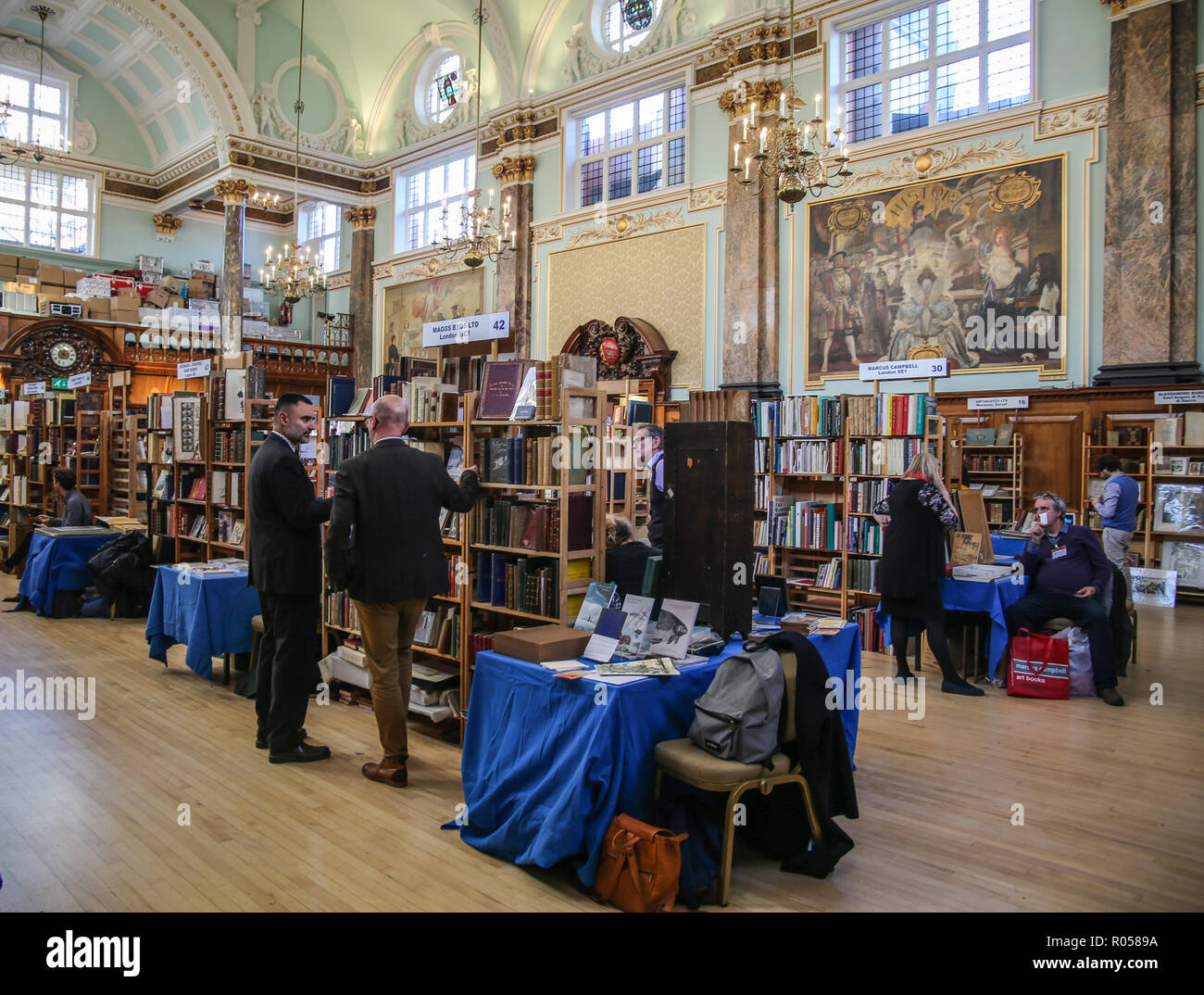 London UK 02 November 2018 The ABA (Antiquarian Book Association) Chelsea Rare Book Fair at the Chelsea Old Town Hall for the 28th edition With more than 80 exhibitors specializing in all type of books, manuscripts, maps, prints, and ephemera, with some fantastic offers @Paul Quezada-Neiman/Alamy Live News Stock Photo