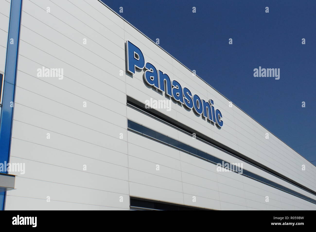 01 November 2018, Japan, Fukuoka: Logo of the Japanese electronics company Panasonic on a factory building. Here in Fukuoka, the Group manufactures surveillance cameras and smaller electronic devices, among other things. Photo: Christoph Dernbach/dpa Stock Photo
