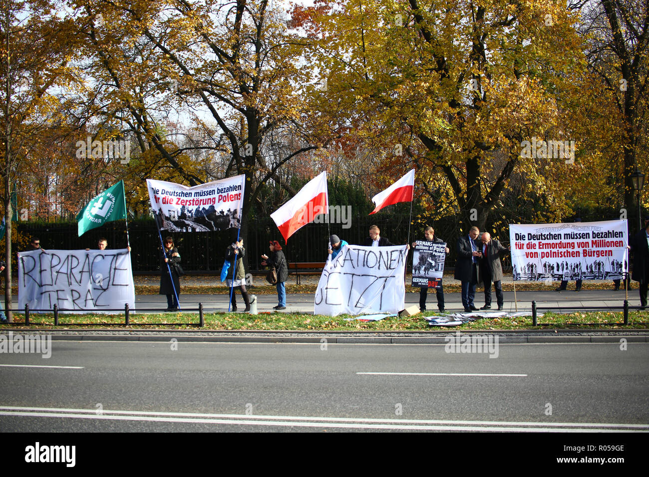 Warsaw, Poland, 2nd November 2018: Far right activists protest in demand on reperations for demages caused by German army at World War 2 during the official visit of German government to Poland. ©Madeleine Ratz/Alamy Live News Stock Photo