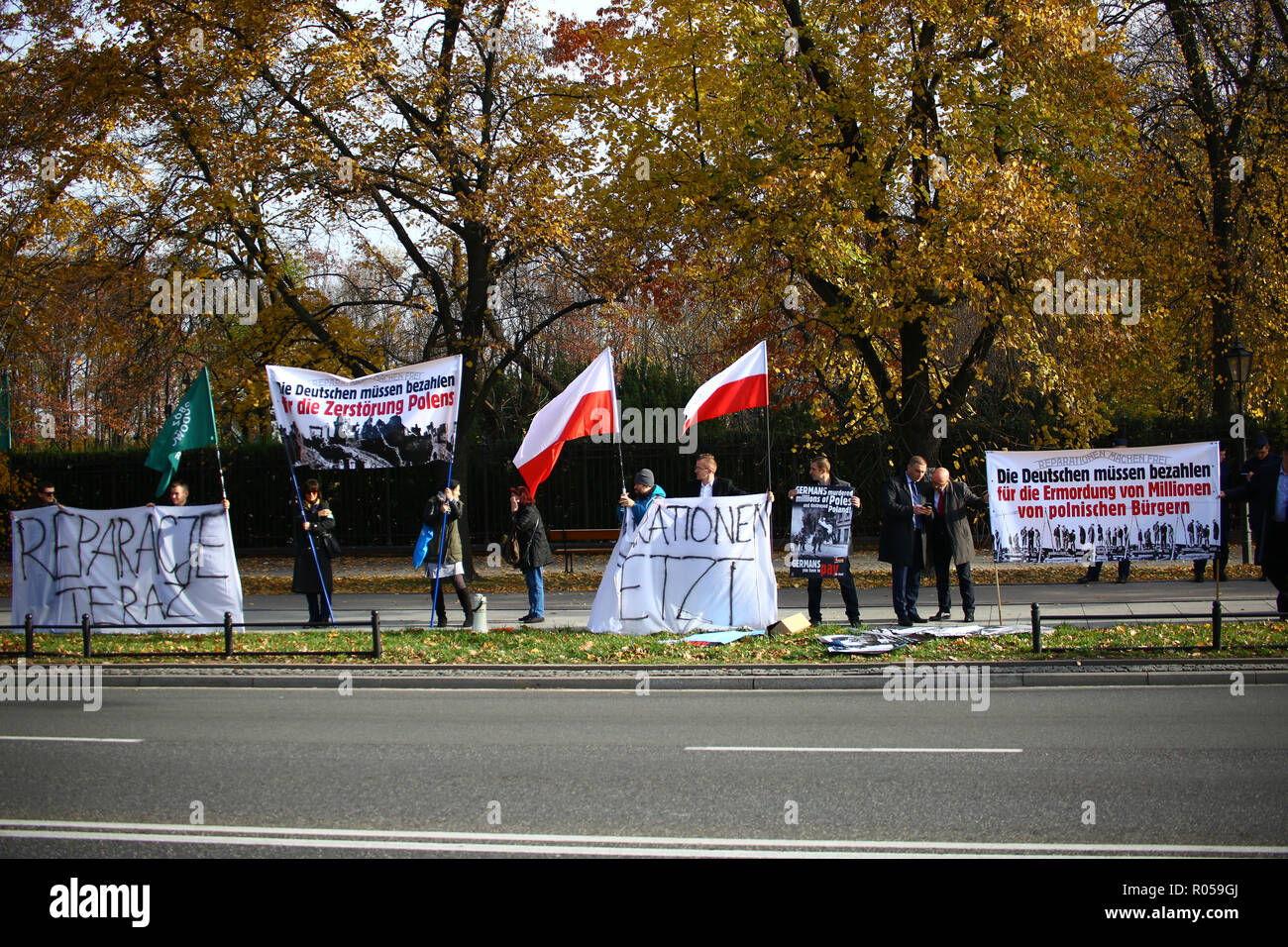 Warsaw, Poland, 2nd November 2018: Far right activists protest in demand on reperations for demages caused by German army at World War 2 during the official visit of German government to Poland. ©Madeleine Ratz/Alamy Live News Stock Photo