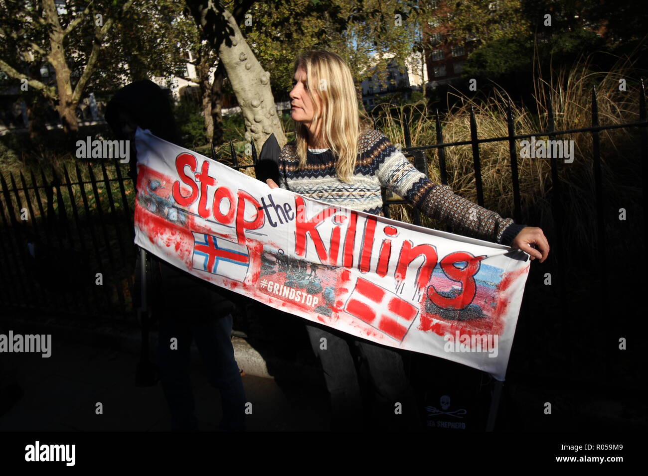 London, UK. 2nd Nov 2018. Protest outside the Danish Embassy, London to protest the ongoing, barbaric and savage killing of dolphins and whales during the Grindadrap hunts in the Faroe Islands. Credit: Jason Murphy/Alamy Live News Stock Photo