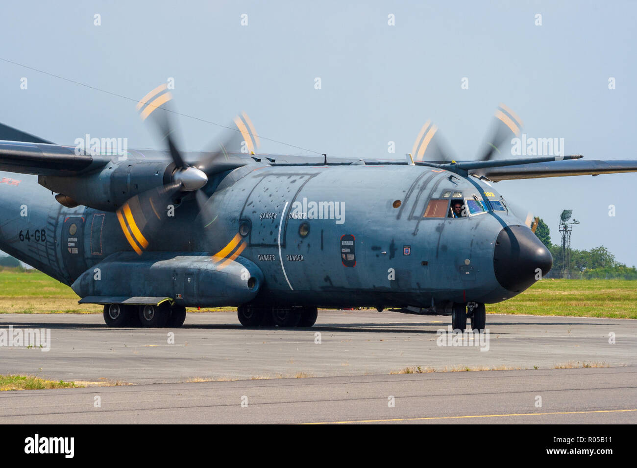 CAMBRAI, FRANCE - JUN 26, 2010: French Air Force C-160 Transall transport propellor plane taxiing on the taxiway of Cambrai airbase. Stock Photo