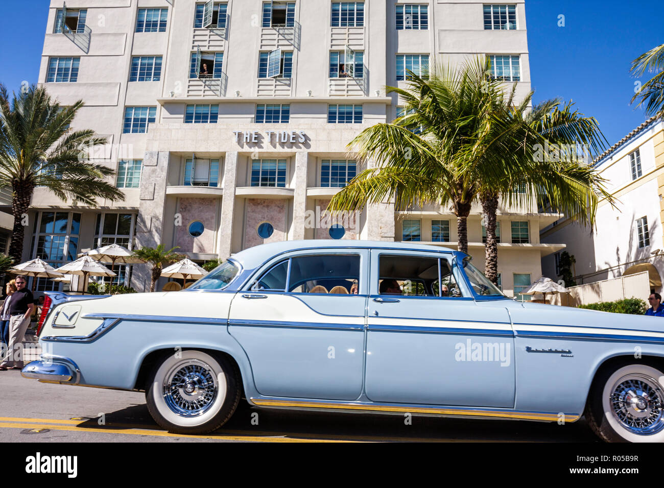 Miami Beach Florida,Ocean Drive,Art Deco Weekend,architecture festival parade,crowd,classic car,vintage,entertainment,palm tree,The Tides,hotel,L. Mur Stock Photo
