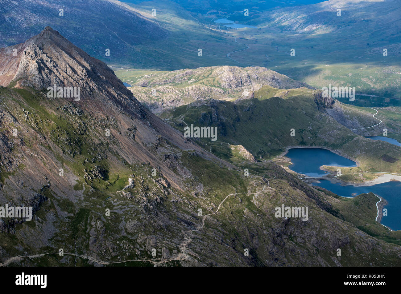 Crib Goch ridge viewed from the summit of Snowdon in Snowdonia National Park, Wales, UK Stock