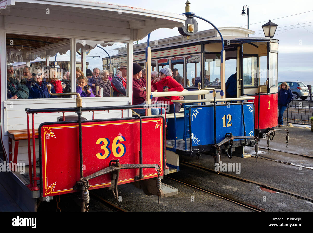 Three horsedrawn trams waiting for their horses at the tram depot in Douglas, Isle of Man Stock Photo