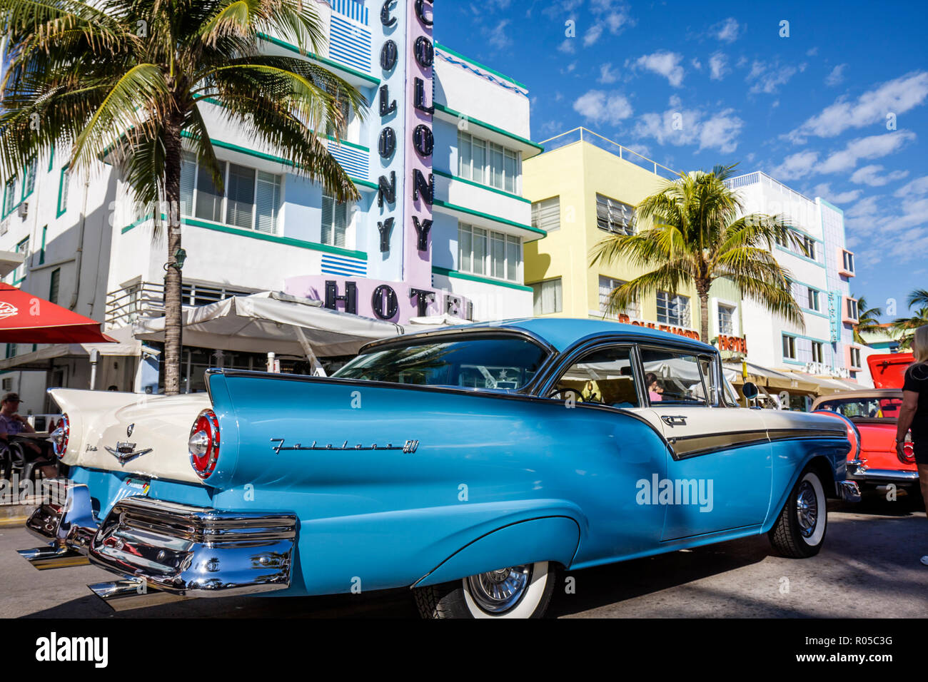 Miami Beach Florida,Ocean Drive,Art Deco Weekend,architecture,architectural,festival,event,celebration,classic car cars,exhibit exhibition collection, Stock Photo