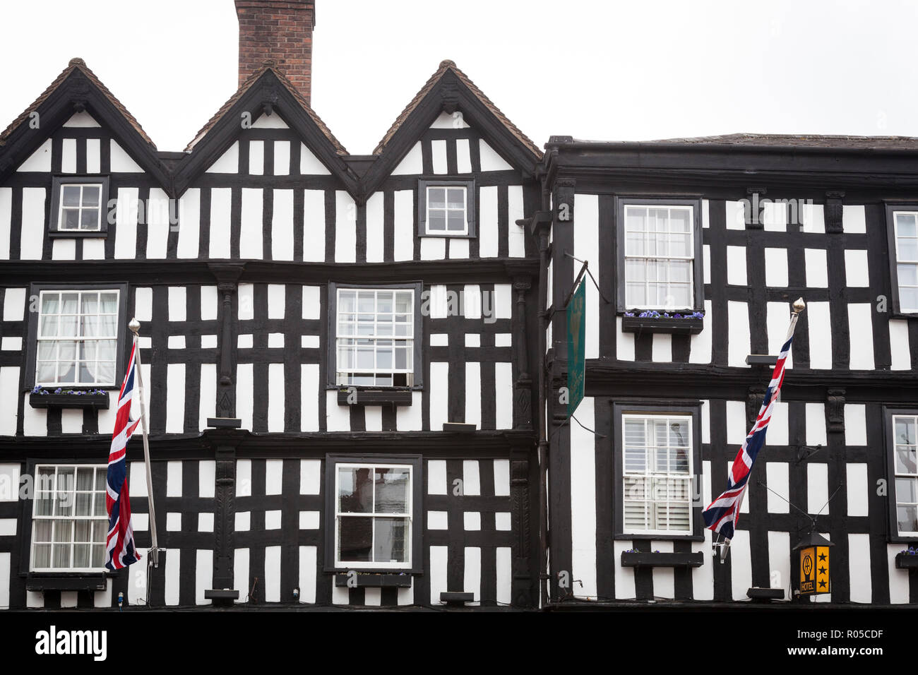Front facade of the 16th century timber framed Feathers Hotel in Ledbury. Stock Photo