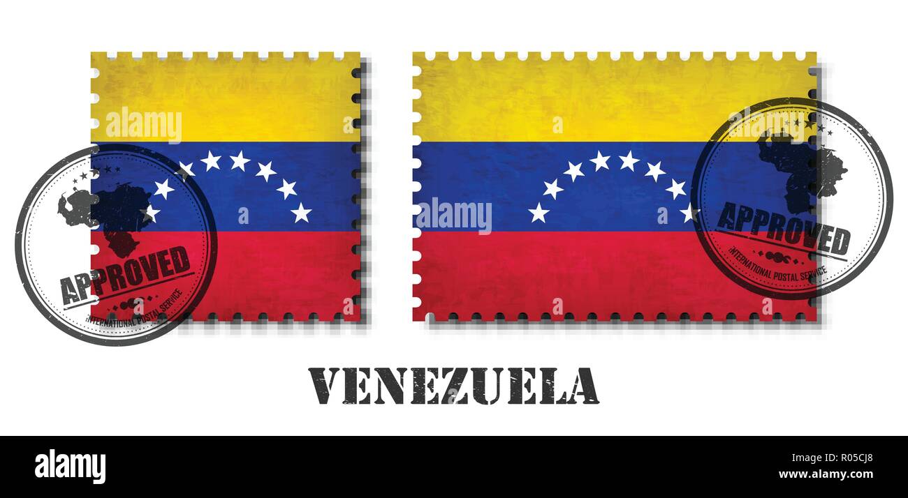 Venezuela or Venezuelan flag pattern postage stamp with grunge old scratch texture and affix a seal on isolated background . Black country name with a Stock Vector
