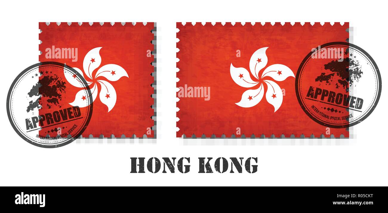Hong kong or hong kongese flag pattern postage stamp with grunge old scratch texture and affix a seal on isolated background . Black country name with Stock Vector