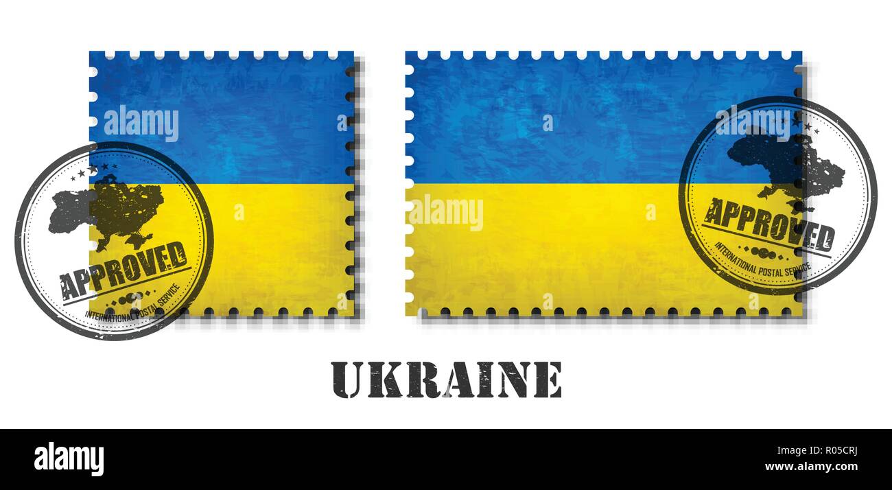 Ukraine or Ukrainian flag pattern postage stamp with grunge old scratch texture and affix a seal on isolated background . Black color country name wit Stock Vector